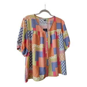 Michelle McDowell NWT Top Blouse LG Patchwork Leo Coral S/S Button Down